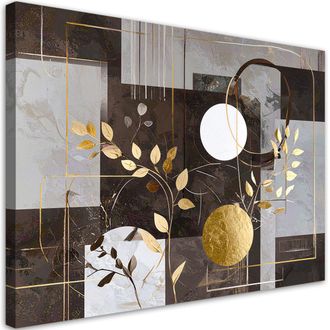 Feeby Cuadro Sobre Lienzo, Abstracci&oacute;n En Marr&oacute;n Y Gris Hojas C&iacute;rculos, 100x70