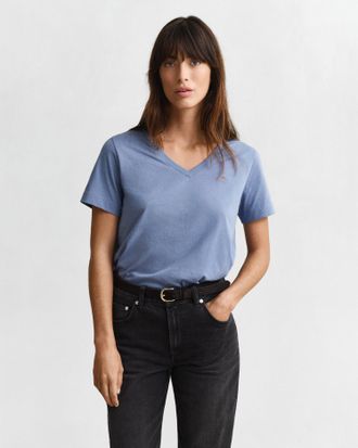 GANT Women Shield V-Neck T-Shirt (XXL) FADED DENIM