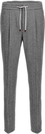 Brunello Cucinelli Medium Grey Herringbone Drawstring Trousers, Brand Size 54 (US Size 38)