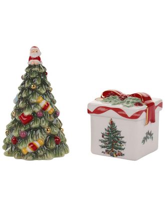 Spode Christmas Tree Gold Figural Collection Tree & Gift Box Salt & Pepper Set