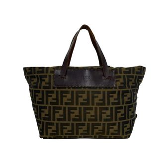 Fendi Black Brown Khaki Nylon Leather Handbag Tote Bag (Pre-Owned)