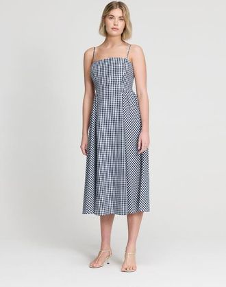 Finery Petite Romina Cotton Gingham Midi Dress in Navy Gingham Check at Nordstrom, Size 14