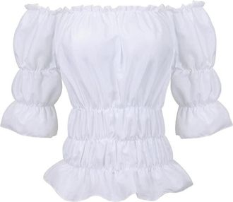 Grebrafan Womens Peasant Blouse Off Shoulder Ruffle Shirts Boho Smocked Top (UK(22-24) 6XL, White)