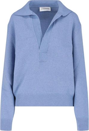 Victoria Beckham Muted Periwinkle Blue Fine-Knit Sweater with V-Neckline