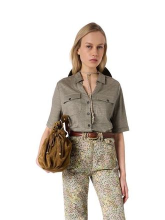 Gerard Darel Moana Open Collar Linen Shirt in Medium Khaki at Nordstrom, Size X-Large