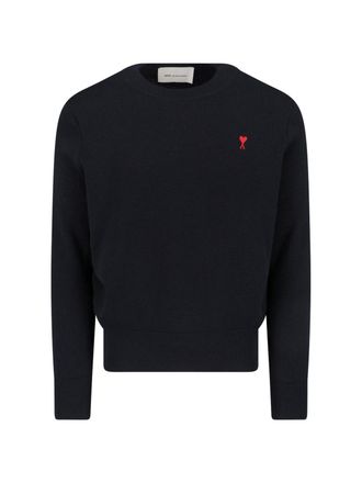 Ami Crewneck Black Wool Sweater With Contrast Logo Patch