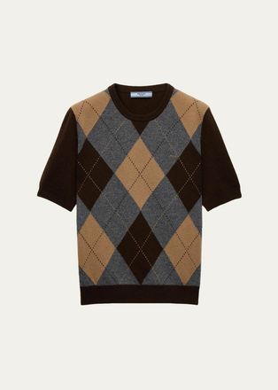Prada Argyle Cashmere Short-Sleeve Crewneck Sweater