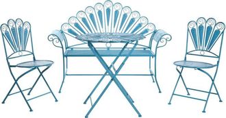 Beliani Garden Bistro Set Blue Metal Powder Coated Table Bench and Chairs Peacock Motif Distressed Effect PAVIA