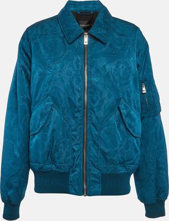 Versace Teal Blue Nylon Barocco Bomber Jacket