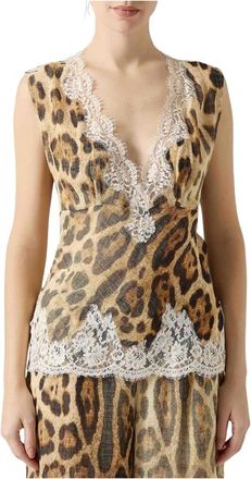 Ermanno Scervino Top met luipaardprint en kanten rand - Dames - Tops zonder mouwen - Veelkleurig - 2XS - Katoen - Tops