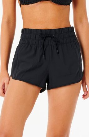 Rip Curl Smocked High Waist Drawstring Shorts in Black at Nordstrom, Size Xx-Small