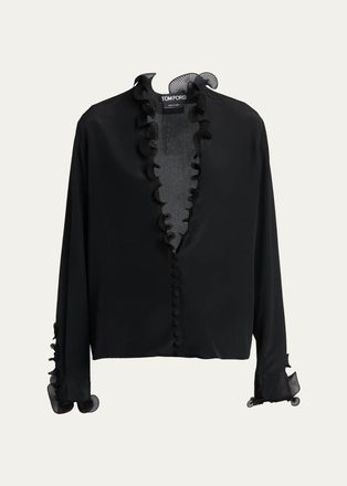 Tom Ford Silk Crepe De Chine Ruffle Plunging-Neck Blouse
