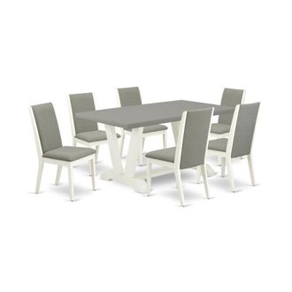 East West Furniture 7-Piece Beautiful Dining Set a Superb Cement Color Wood Table Top and 6 Gorgeous Linen Fabric Dining Chairs
