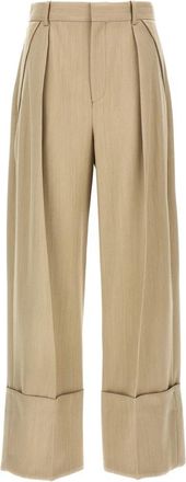 Victoria Beckham Wijde Pijpen Turn-Up Broek - Dames - Wijde Broeken - Beige - 2XS - Katoen - Broeken