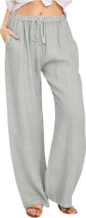 Generic Womens Cotton Linen Trousers Casual Wide Leg Trousers Loose Elasticated Waist Drawstring Solid Color Palazzo Pants with Pockets Womens Summer Pants Be
