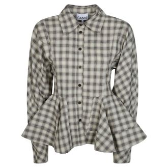Ganni Camicia Peplum in Flanella a Quadri Leggeri - - Blouses & Shirts - Donna - Grigio - 2XS