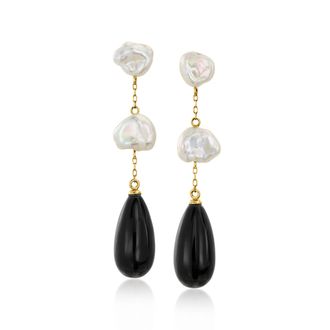 Ross-Simons Black Agate and 8-9mm Keshi Pearl Drop Earrings in 14kt Yellow Gold