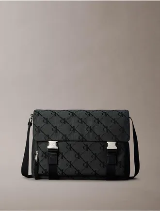 Calvin Klein Mens Monogram Jacquard Flap Messenger Bag - Black