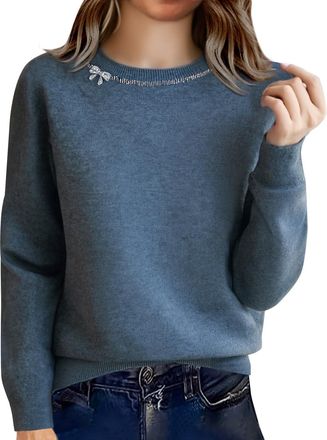 Generic Womens Crew Neck Sweater with Bow & Trim, Soft Knitted Pullover with Long Sleeves, Elegant Casual Jumper for Autumn Winter, Daily Office Styling Wear 