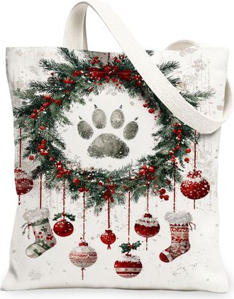 Generic Christmas Paw Print Canvas Tote Bags, Holiday Animal Design Reusable Grocery Bags, Vintage Rustic Lightweight Washable Shoulder Strap Canvas for Trave