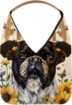 Generic Pug Dog Sunflower Wooden Board Reusable Lightweight Grocery Bags - Foldable Into Compact Pouch, Washable & Sturdy, Multipurpose for Shopping and Trave