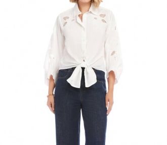 Karen Kane Blouson Sleeve Embroidered Tie-Front Top In Off White