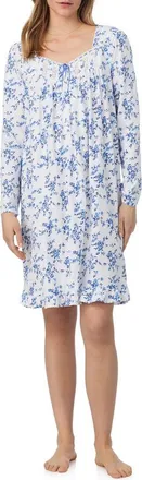 Eileen West Long Sleeve Cotton Jersey Short Nightgown in White/Navy at Nordstrom, Size X-Small