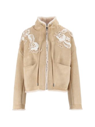 Ermanno Scervino Brown Suede-Like Cropped Shearling Floral Embroidered Jacket