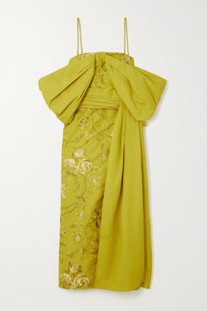Erdem Abito In Faille Di Cotone Ricamato Con Drappeggio In Taffet&agrave; Evora - Giallo