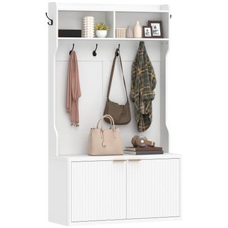 HOMCOM Homcom Perchero Zapatero, Perchero Recibidor Con 2 Puertas, Estantes Abiertos, 6 Ganchos, Para Pasillo, Dormitorio, Sal&oacute;n, 100x38x172 Cm, Blanco