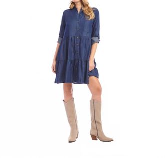 Karen Kane Rosalind Roll Tab Tiered Mini Shirtdress In Chambray