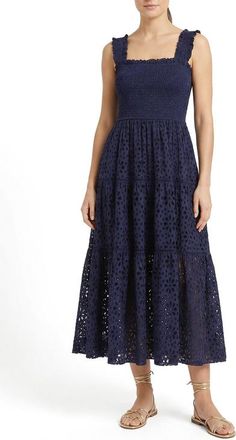 Change of Scenery Kristen Sleeveless Smocked Eyelet Midi Dress in Navy Seaside Eyelet at Nordstrom, Size X-Small