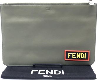 Fendi Moss Green Leather Clutch With Womens Logo (Pre-Owned)