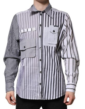 Dolce & Gabbana White Gray Striped Cotton Men Casual Mens Shirt