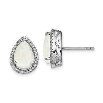 Diamond2Deal Sterling Silver Rhodium Polished Simulated Opal & CZ Stud Earrings