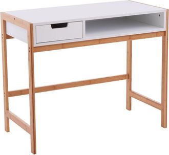 Premier Housewares Interiors by Premier White One Drawer Desk, Computer Desk with Natural Wood Legs, Study Table Bedside Desk for Home, Office