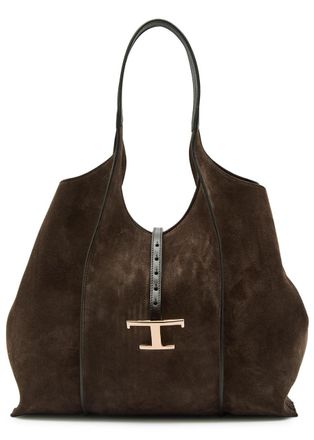 Tod's T-plaque Suede Tote - Dark Brown - One Size