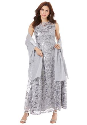 Roaman's Plus-Size Allover Lace Embellished Shawl Gown in Silver Shimmer at Nordstrom, Size 24