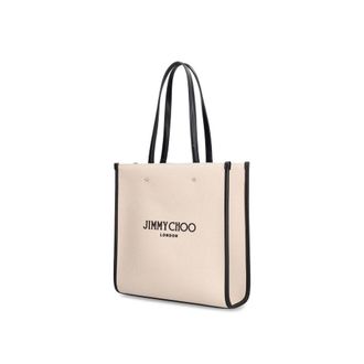 Jimmy Choo London Womens Canvas Tote Beige Leather Detail