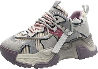 Generic Ladies Leather Thick Soled dad Shoes Versatile Color Blocked mesh Breathable Anti Slip Casual Sports Shoes (Gray,4.5)