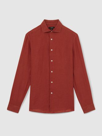 Reiss Paprika Red Linen Regular-fit Long-sleeve Shirt, M