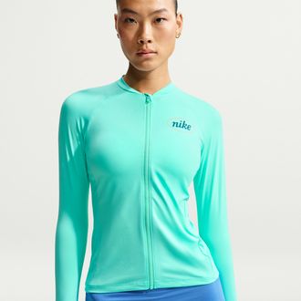 Nike Womens Swim Hydroguard Dri-FIT UV Long Sleeve Zip Top in Green | NESSG322-468