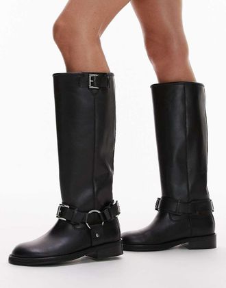 Topshop Tee premium leather knee high biker boots in black