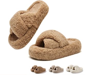 Generic Cozy Fuzzy Cross Band Slippers for Women Warm Winter Indoor House Shoes with Arch Support Non-Slip Platform Open Toe Orthopedic Slipper for Bedroom Ho