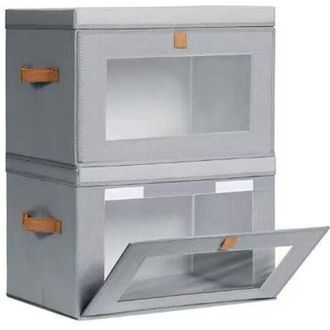 Elle Caja De Almacenamiento De Ropa Gris De 42 X 30 X 28 Cm, 2 Armarios Grandes Con Tapa, Asa Y Ventana, Caja Decorativa Plegable