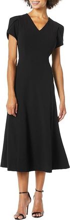 Calvin Klein V-Neck Short Sleeve Midi Dress Womens Dress Black : 10, Polyester/Spandex