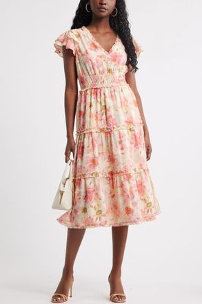 Chelsea28 Flutter Sleeve Tiered Cotton Midi Sundress in Pink- Ivory Gia Floral at Nordstrom, Size X-Small
