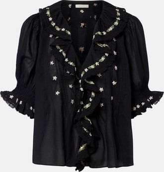 D&ocirc;en Hettie floral embroidered ruffled cotton blouse