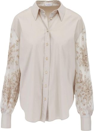 Brunello Cucinelli embroidered-sleeve shirt - women - Elastane/Cotton/Polyamide - M - Neutrals