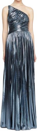 Halston Heritage Terese Pleated Metallic One Shoulder Gown In Slate Blue